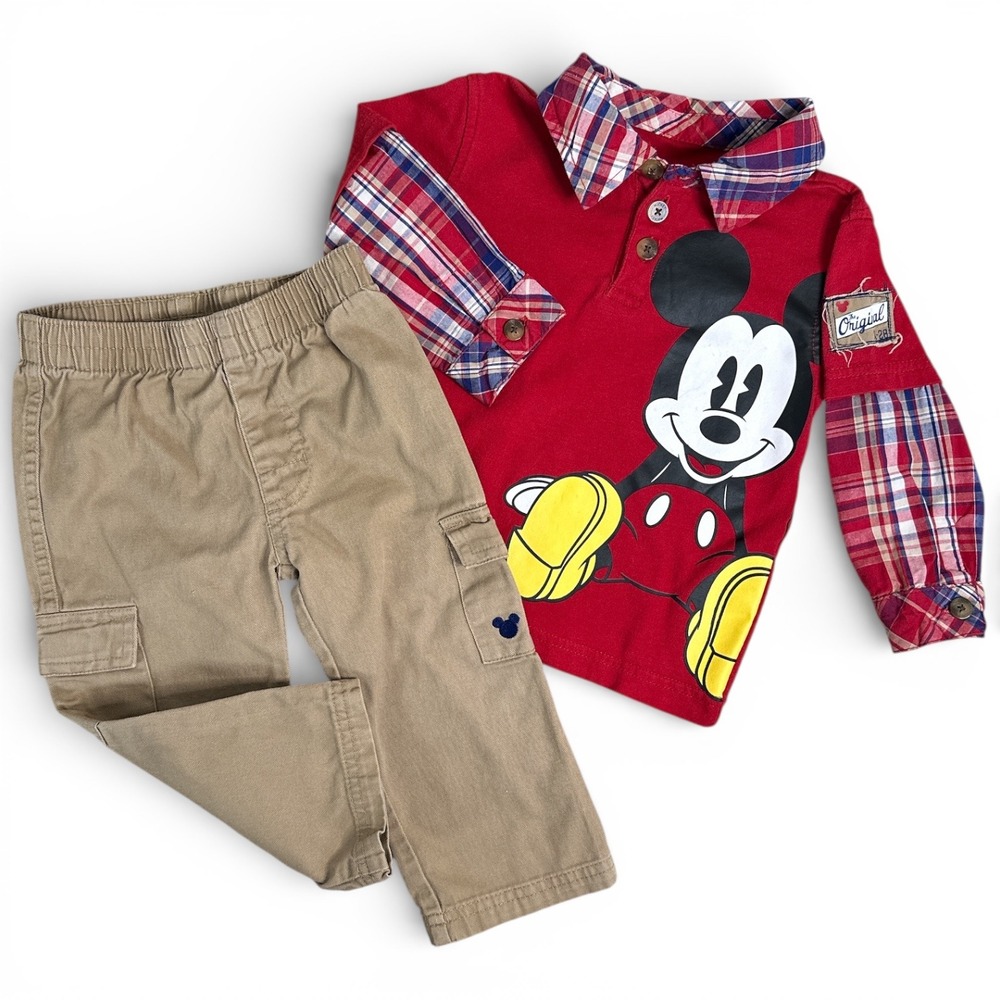 Disney Baby Mickey Mouse Outfit Set 18M Red Khaki Plaid Cargo Pants 2pc Set